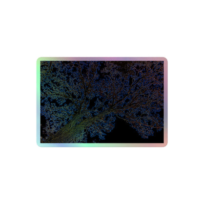 A medium rectangular holographic sticker with an image of a yellow and blue neon tree lightning design.