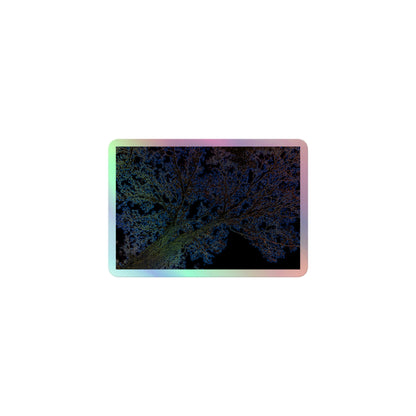 A small rectangular holographic sticker with an image of a yellow and blue neon tree lightning design.