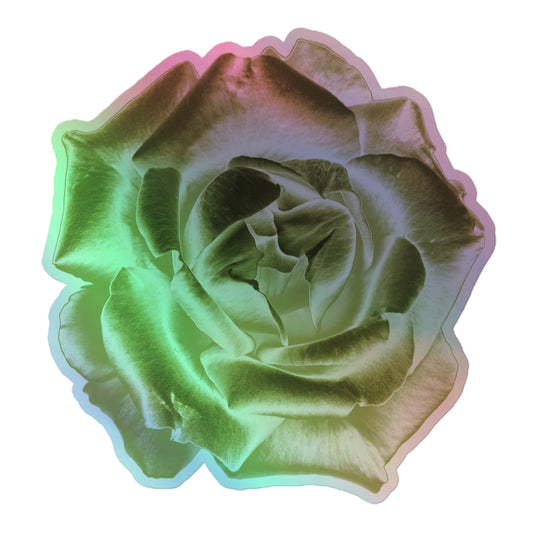 A large kiss-cut holographic sticker with an image of a reflective yellow rose design.